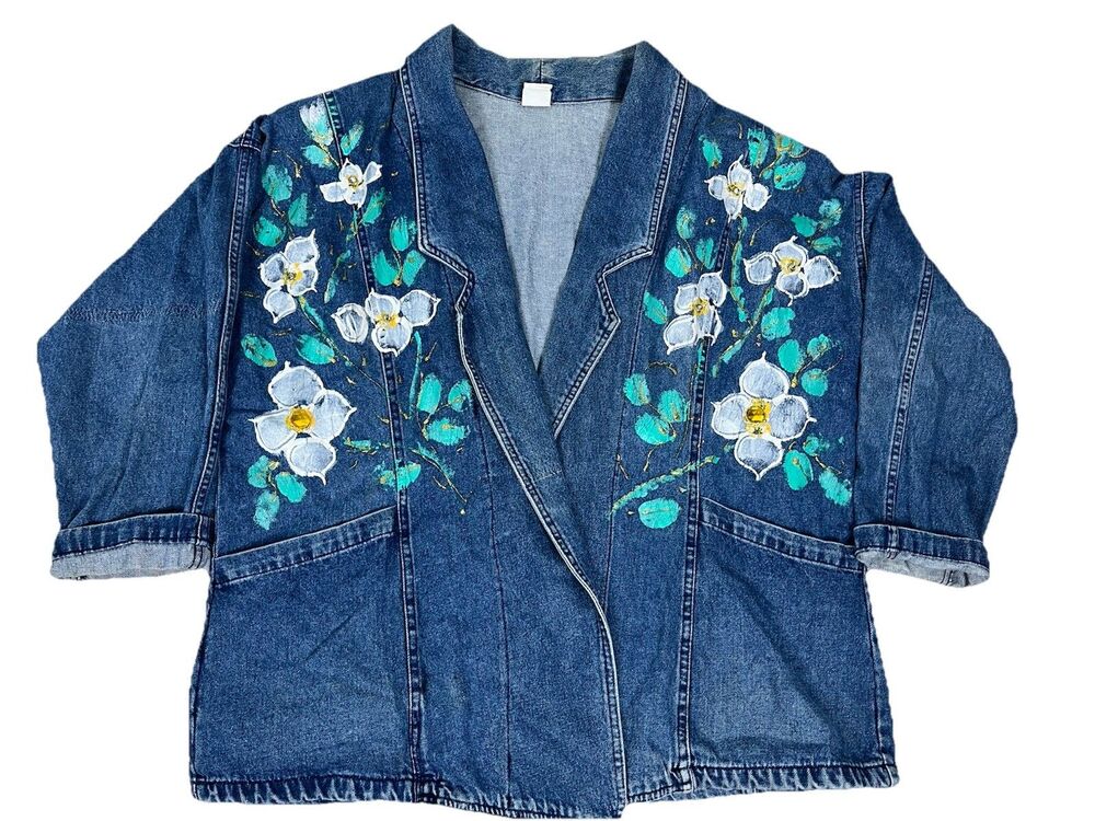 VTG 90s Hand Painted Denim Jacket Womens 2XL Floral Rhinestones Open Front Boho